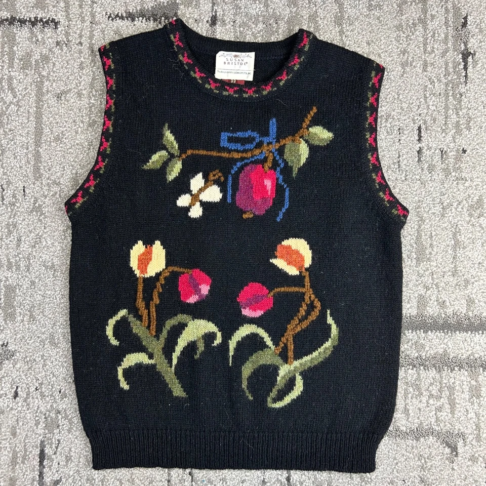 Chaleco Suéter Vintage 1989 Susan Bristol Negro Lana Flores Botánico Talla M Foto 1 de 4