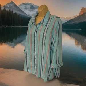 Chic Striped Blouse Shirt Top Size XL Button Up 3/4 Sleeves Cotton Polyester - Picture 1 of 11