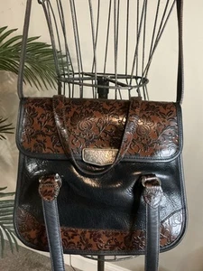 Brighton Marseille Fiore Black & Brown Leather Flowered Handbag Purse EUC - Picture 1 of 17