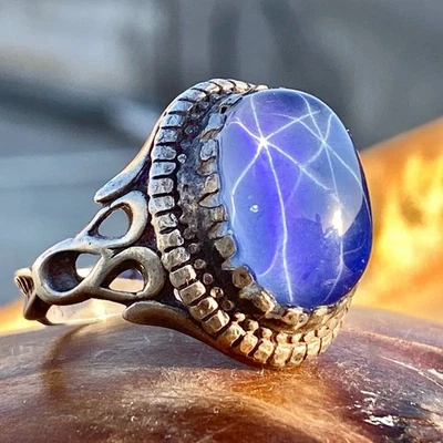 Anel masculino vintage de prata esterlina 925 - estrela de safira exclusiva de seis raiosزفير نجمي - Imagem 1 de 4