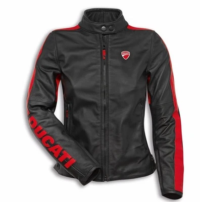 Chaqueta de motociclista de cuero negra roja Ducati Company C4 para mujer equipo de carreras de moto Foto 1 de 4