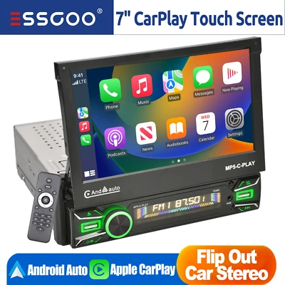 ESSGOO 7" Single 1 DIN Car Radio Touch Screen Stereo Flip out Player Bluetooth CarPlay