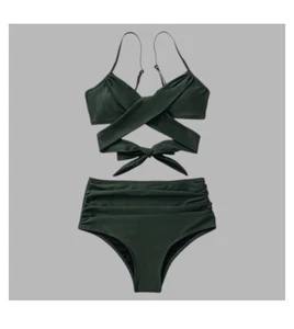Women’s Bikini Set Crossover Wrap High Waist Two Piece Army Green Small New - Picture 1 of 11