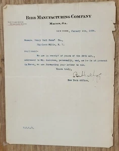 1909 Letterhead New York City Bibb Manufacturing Company Macon Georgia - Picture 1 of 1