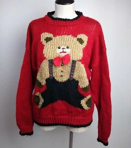 Vintage Hand Knit Sweater Teddy Bear 3D Embellished Heidi Chunky Red Sz Medium - Bild 1 von 5