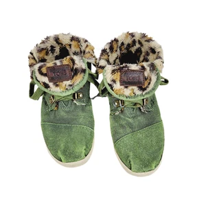Toms Womens Highland Botas Boots Shoes 6 Green Canvas Faux Fur Leopard  - Picture 1 of 9