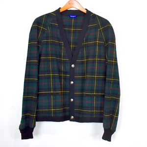Vtg PENDLETON Wool Plaid Tartan Cardigan Sweater Jacket L Dark Green Navy - Picture 1 of 9