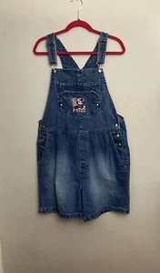 DISNEY Mickey Mouse Patriotic Pride Embroidered Short Overall Denim Shorts Large - Picture 1 of 7