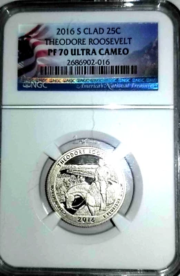 2016 S THEODORE ROOSEVELT CLAD 25C PF-70 ULTRA CAMEO NGC GRADED 01-113 - Image 1 of 2