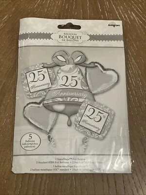 25th Anniversary - 5-Pc Balloon Bouquet - Supershape Bell - Silver & White - NEW - Image 1 of 2
