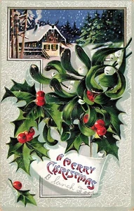 Vintage Frohe Weihnachten geprägte Postkarte Stechpalme Beeren malerische Natur Hütte Bäume - Bild 1 von 2