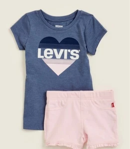 New Levi’s Girls Top & Shorts Set 4 XS Pink Blue Heart Outfit - Picture 1 of 8
