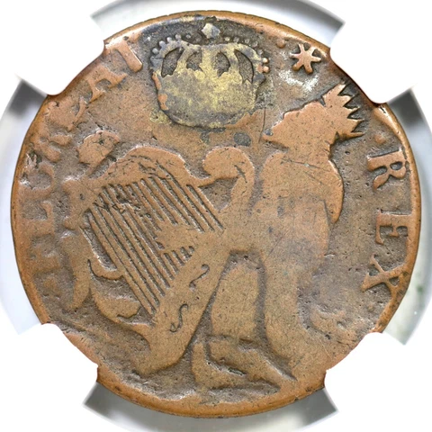 c1670 V 1-B NGC VG 10 St. Patrick Half Penny Colonial Copper Coin 1/2p Cover