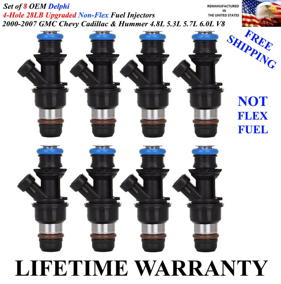 ✅8x  OEM Delphi 4Hole 28LB Fuel Injectors 2000-2006 GMC Yukon XL 1500 5.3L 6.0L - Image 1 of 1