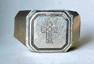 STAINLESS STEEL Men's Signet Ring NATURAL DIAMOND CROSS SZ 12. - Picture 1 of 5