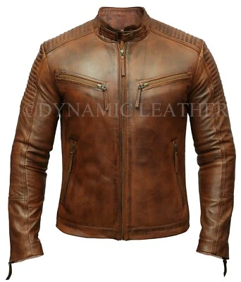 Chaqueta de cuero retro marrón ligeramente envejecida para motociclista vintage para hombre Foto 1 de 4