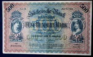 46451 Geldschein Sachsen Sächsische Bank DRESDEN 500 Mark  paper money 1.7. 1922 - Bild 1 von 2