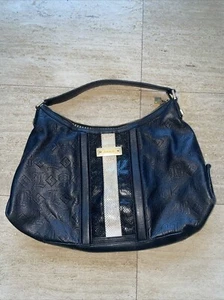 L.A.M.B. Black Leather Stripe Snakeskin Detail Zipper Large Hobo Shoulder Bag - Picture 1 of 17