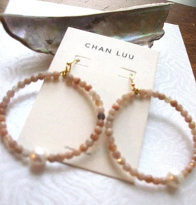 Chan Luu Earrings Pearl White & Peach Moonstone Hoops Gold Vermiel Hooks NWT - Picture 1 of 11