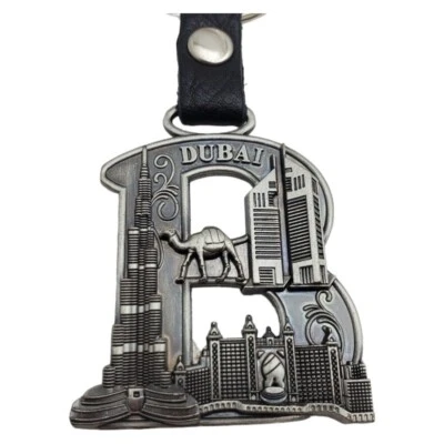 Dubai Skyline Pewter Metal Keychain with Camel Design and Leather Strap Souvenir - Image 1 of 4