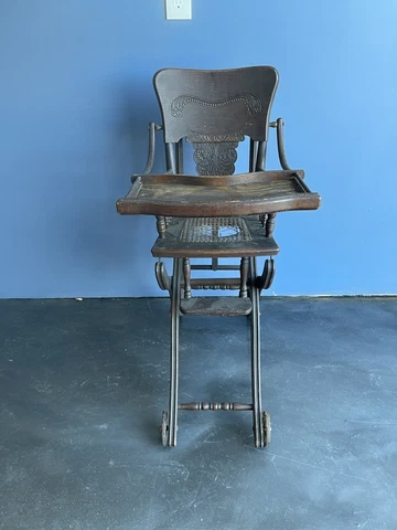 Vintage  Antique Wood Childs Baby High Chair Folding Cover