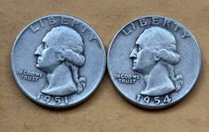(Lot of 2) Washington Quarters - 90% Silver - Dates are 1951 P & 1954 P - Picture 1 of 2