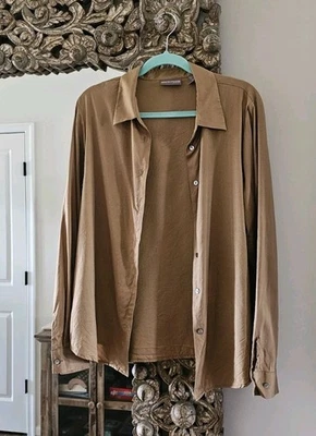 Valerie Stevens ~ Seda Pura ~ 100% Seda Talla 14 Marrón Bronceado Abotonable Manga Larga Foto 1 de 4