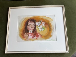 Sandu Liberman ( 1923-1977 ) Watercolor Painting of Young Woman Holding a Flower - Picture 1 of 9