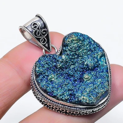 Pingente de pedra preciosa drusa de titânio azul feito à mão presente joia vintage 1,90" VP 1874 - Imagem 1 de 4