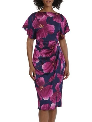 Maggy London Floral Charmeuse Sheath Dress Women Size 10 Navy Pink Ruched Silky - Image 1 of 4