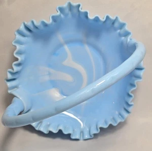 Vintage Fenton Glass Basket Blue Marbled Slag Hobnail Crimped Ruffle 7” - Picture 1 of 6