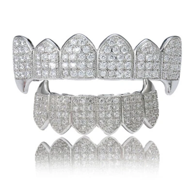 14K Gold Plated CZ Teeth Grillz Hip Hop Top Bottom Mouth Silver Grill Set Custom - Image 1 of 4