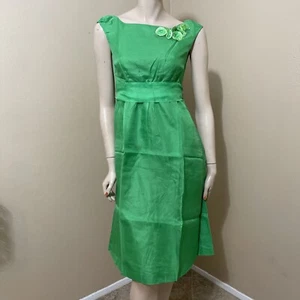 Women’s Green Silk Casual Pleated Flower Application Layered Midi Size L Dress - Picture 1 of 12