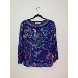 Vintage Judith Ann 1980s blue silk sequined long sleeve blouse w/ Bird & Flowers - Picture 1 of 7