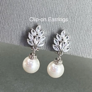 Pendientes de perlas con clip Marquise CZ para boda damas de honor regalo - Imagen 1 de 6