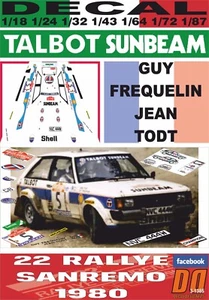 DECAL TALBOT SUNBEAM LOTUS G.FREQUELIN R.SANREMO 1980 4rd (08) - Picture 1 of 1