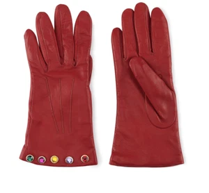 Escada Sport Red Lamb Leather Gloves Made in Italy Colorful Gem Studs sz 7 NWT - Picture 1 of 12