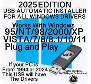 2025 Edition USB Windows Drivers For All Win 11, 10, 8, 7, Vista, XP Installer - Picture 1 of 1