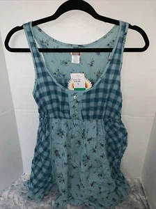 Love Rocks Junior Women Size Large blue calico peasant top NWT - Picture 1 of 4