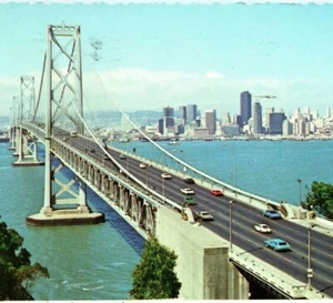 8 miglia di lunghezza Oakland Bay Bridge San Francisco Skyline CA cartolina d'epoca - Foto 1 di 4
