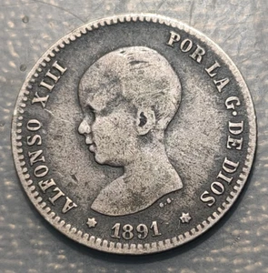 ESPAÑA ALFONSO XIII 1 PESETA 1891 ESTRELLAS NO COMPLETAMENTE VISIBLES MBC- - Picture 1 of 2