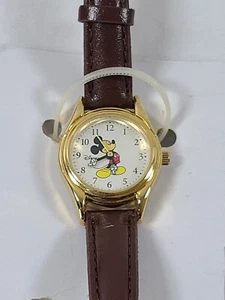 Disney Mickey Mouse Wrist Watch🔥 Leather Band Vintage 1990's NEW IN BOX - Picture 1 of 15