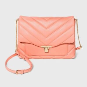 A NEW DAY Large Quilted Boxy Crossbody Bag Turn Key Closure Coral & Gold Tone