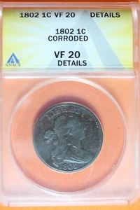 1802- ANACS 1C VF 20 DRAPED BUST LARGE CENT CORRODED#B40551 - Picture 1 of 2