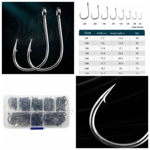 220pcs Fish Hooks 8 Sizes Fishing Black Silver Sharpened With Box Quality kit - Picture 1 of 24
