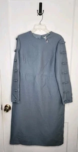 Authentisches Valentino blau Wolle Seide Mischung Schleife Ärmel Detail Kleid Größe 12 MÄNGEL - Bild 1 von 12