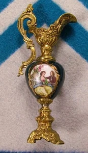 Antique Wavecrest Brass & Green Porcelain Mantle Ewer 8" Vintage Painted Gold - Picture 1 of 13