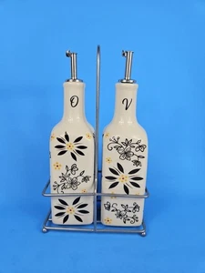 Temptations Oil Vinegar With Caddy Old World Black set kitchen floral complete - Picture 1 of 10