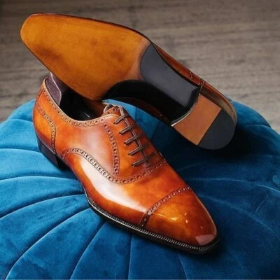 Custom Made New Men's Orange Tan Leather Oxford Cap-Toe Lace Up Formal Shoes Men - Image 1 of 4