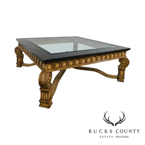 Quality Renaissance Style Tessellated Mantle, Beveled Glass Carved Coffee Table Cover